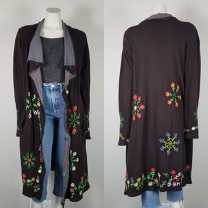 Biya Johnny Was Brown Floral Embroidered Waterfall Long Brown Cardigan Size M